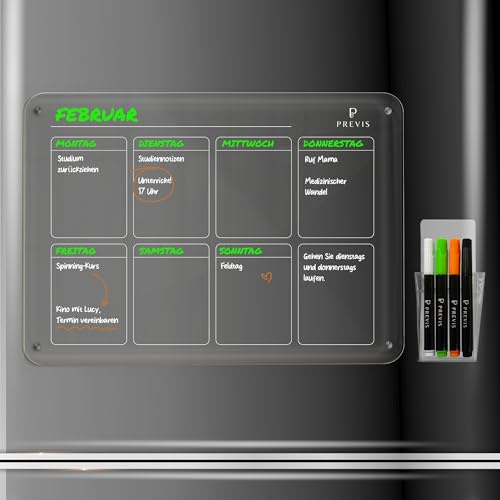 PREVIS Wochenplaner Abwischbar Acryl Magnetisch für Kühlschrank A3 (40X30CM) mit 4 Boardmarkern -Weekly Planner Kühlschrank Acryl - Magnetic Calendar for Fridge Transparent - Familienplaner Abwischbar