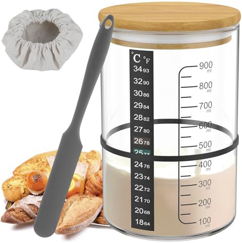Lot de 7 bocaux en verre pour levain avec thermomètre gradué, papier de 900 ml, résistant à la température, récipient de démarrage avec couvercle en bois, couvercle en tissu, pot à levain réutilisable