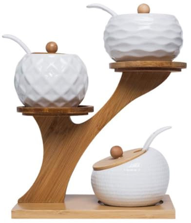 Oriental riverkit Boîte à épices en céramique, Pot à assaisonnement en céramique,Lot de 3 Pot à épices Sel Spice Jar Condiments boîte Bol à Sucre Cuillère en céramique et Couverture de Bambou