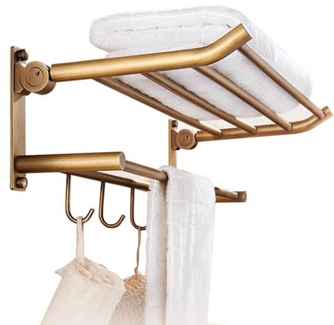 Vägghängd handdukstork, Badrumshanddukshängare i mässing med handduksstång och krokar, hopfällbar handdukshylla Väggmonterad handdukshållare, handdukshängare i borstad brons, tillbehör till köksredska