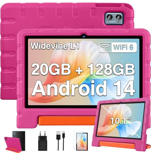 ZIOVO Tablet 10 Pollici Android 14 Tablet Bambini, 20GB RAM+128GB ROM(TF 1TB),WiFi 6 Tablets, Widevine L1/Octa-Core/BT 5.0/8+5 MP/6000mAh/Tablet per Bambini,Tablets con EVA Caso - Rosa