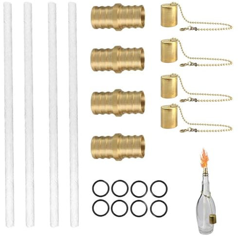 Messing-Fackel- – Gartenfackel-Flamme, Kupfer-Lampenlicht | Glas-Weinfackel mit 4 Messinghalterungen, einzigartige Nachtglühdochte für Zuhause, Fackel, Innen- und Außenbereich, Dekoration,