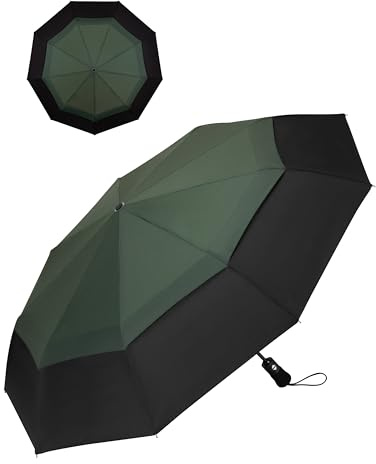 Chakipee Automatik Taschenschirm für Herren und Damen – Kompakter Reise Regenschirm Groß Sturmfest, 9 Rippen Schirm Grün Doppelt belüftetes Vordach 210T-Gewebe 102 cm Spannweite