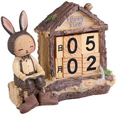 CAXUSD Wooden Rabbit House Shape Perpetual Calendar Desktop Decoration for Home Office Manual Turning Calendar Decor Ornament