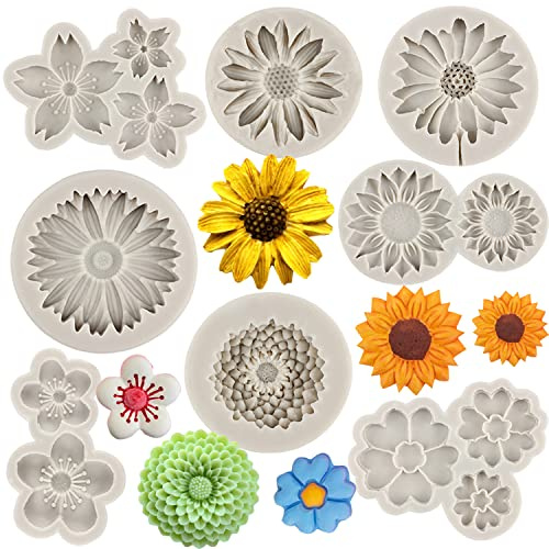 MYPRACS Chrysanthemen Blumen Silikonform Sonnenblumen Fondantformen 8er Set | Kirschblüten Pflaumenblüten Kleine Blumen-Silikonformen Zum Dekorieren Von Kuchen Toppern Süßigkeiten Schokolade Blütenpaste