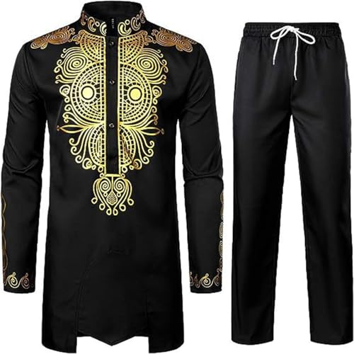 Générique Ensemble africain traditionnel 2 pièces pour homme avec pantalon et dashiki à manches longues et imprimé doré RéTro