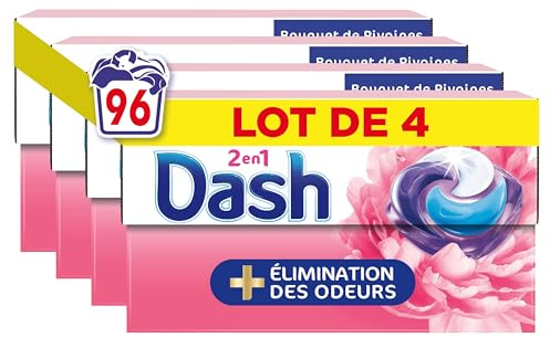 Dash 2en1 PODS, Lessive En Capsule, 96 Lavages (4 x 24 Lavages), Bouquet de pivoines, PLUS DE FRAÎCHEUR, ÉLIMINATION DES ODEURS avec l’adoucissant Lenor, Fabriquée En France, Dash 2in1