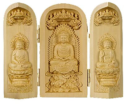 Tallado en madera, estatua de Buda, decoración del hogar y el jardín, esculturas, tallado en boj, caja de tres aberturas, adornos de Buda, adornos de Buda tallados en madera, artesanías de madera