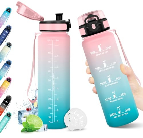 Wasserflasche 1L, Trinkflasche mit Filter, Trinkflasche Sport Auslaufsicher mit Zeitmarkierung, BPA-frei, Wasserflasche Kohlensäure Geeignet für Outdoor, Fitness, Schule, Büro, Erwachsene, Fahrrad