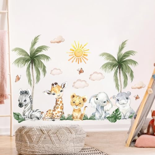 SHUCHING Wandtattoo Aquarell Dschungel Tiere, Wandaufkleber Zebra Giraffe Elefant Palme, Wandsticker für Wohnzimmer Schlafzimmer Kinderzimmer Babyzimmer