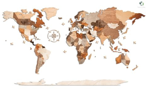 Natura Products 3D Holzpuzzle Weltkarte – Wanddekoration aus Holz mit Kompass – [Klein 130x70 cm/Groß 200x110 cm] (200 x 110 cm)