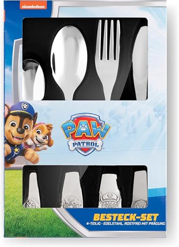 PAW Patrol Set di Posate Bambini 4 Pezzi in Acciaio Inox - Cucchiaio, Forchetta, Coltello e Cucchiaino - Posate Bambini PAW Patrol con Chase, Marshall, Skye e Rubble - Set Posate per Bambini