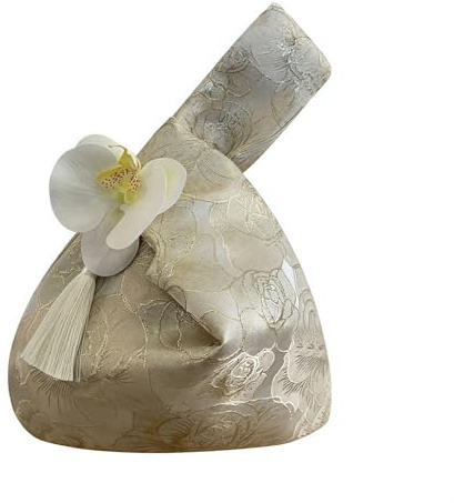 HIMKI Brautbeutel Klassische Hochzeit Handtasche mit Blumen Goldener Faden Jacquard Quaste Brauthandtasche Satin Hochzeit Handgelenk Tasche Elegante Geschenktasche für Hochzeit und Party (Champagner)