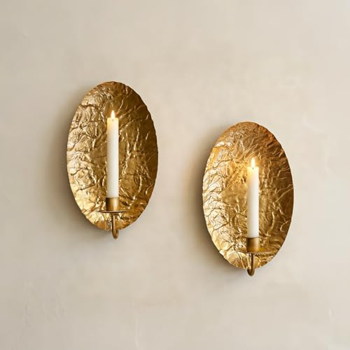 Remenna Gold Candle Holders Metal Oval Wall Candle Sconce Holder Set of 2 Modern Farmhouse Rustic Wall Sconce for Living Room, Farmhouse, Fireplace, Wedding