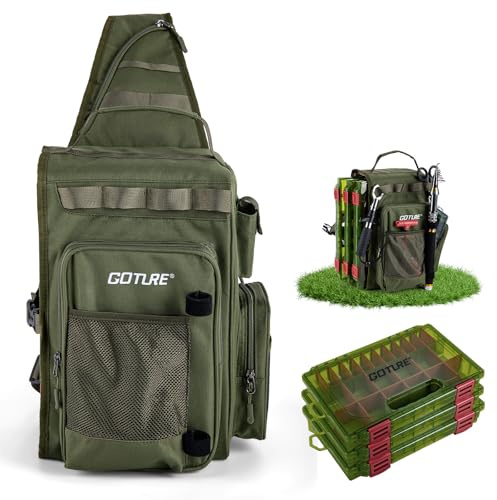 Goture Angeltasche mit 3 Köderboxen, 900D Oxford, wasserdicht, Crossbody | Mit einem Riemen, mehrere Taschen, Crossbody-Brusttasche, ideal für Angeln, Wandern, Camping, Reisen