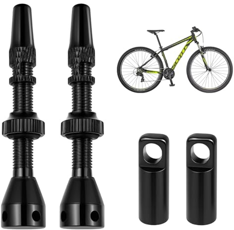 leruiyezs Set 2 Pezzi Valvole Tubeless 44mm In Lega Leggera Con Nucleo Rimovibile Nero Compatibile Valvole Tubeless MTB Per Cerchi E Ruote Tubeless Bicicletta Strada Gravel MTB