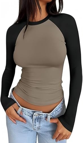 Sukiglam T-Shirts à Manches Longues Femme Bicolore Col Rond T Shirt Manche Raglan Casual Haut Sport Y2K Top Moulant Chemisier Chic Et Elegant Blouse Élasticité Bloc De Couleur Hauts Basique Automne