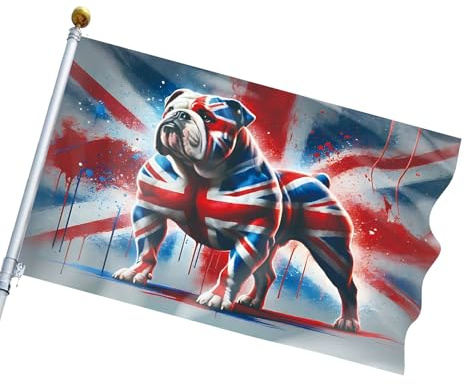Union Jack - Grande bandiera britannica | Bandiera del Bulldog Union Jack | Striscione decorativo per prato inglese Bulldog per portico, passerella, patio, balcone, 1,5 x 0,9 m, resistente alle