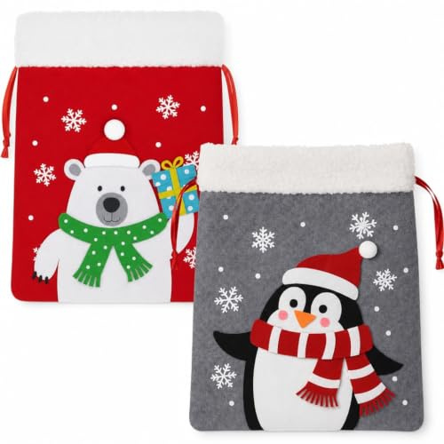 MIJOMA 2er-Set Geschenktüten Weihnachten aus Filz mit Kordelzug – Geschenkbeutel mit Schneeflocken & Plüschrand – XMAS Beutel Stofftasche (Pinguin & Eisbär)