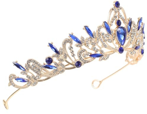 TOYANDONA Diadema para Novia Adorno de Cristal Azul y Diadema Nupcial Dorada para Boda Tocado Elegante para Fiesta y Cumpleaños Adorno Cabello Femenino