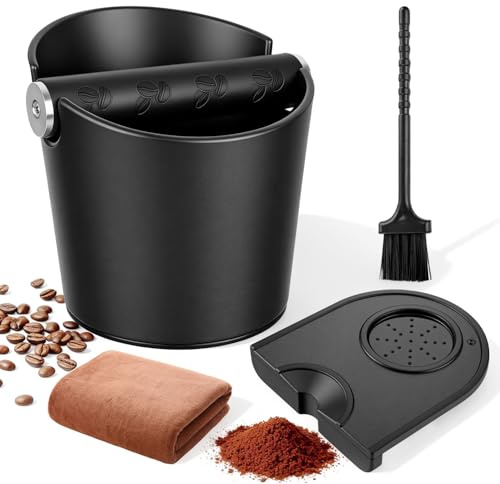 ABS Boite a Marc de Cafe Grande Capacité Anti-Éclaboussures | Knock Box Café Faible Bruit, Tapis de Tassage Antidérapant avec Brosse et Chiffon