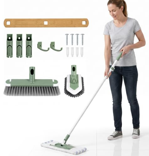 DEANIC 4-in-1 Mop Broom Brush with Holder Wall Mount Set | Floor Cleaning Tool Set with Extendable Handle (43 in to 49 in) ,Triangle Scrub Brush for Home Kitchen Bathroom Hardwood