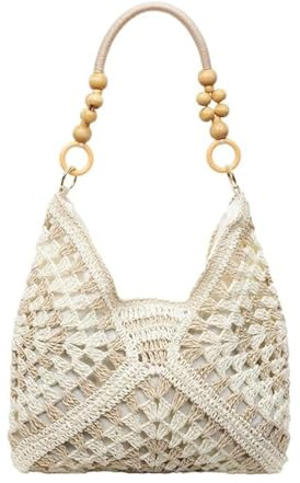 Aukojoy Sac de plage en paille tissée pour femme - Grande capacité - Sac à bandoulière en crochet avec sangle en perles - Sac fourre-tout bohème pour voyage, shopping, travail, rendez-vous, vacances