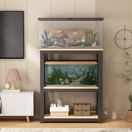 Akvariestativ med tre hyllor, robust reptilbord, lämpligt för hemmakontor (svart, 90 x 45 x 100 cm/35 x 18 x 39 tum).