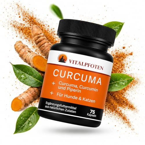 Vitalpfoten 75 Curcuma Kapseln für Hunde und Katzen mit Curcumin und Piperin, Ergänzungsfuttermittel sanfte Dosierung, Herstellung in Deutschland, höchste Reinheit und Qualität | Curcuma Kapseln - höchste Reinheit + Qualität - für Gelenke, gegen Entzündungen + Arthrose - Qualitätsprodukt ohne Zusätze
