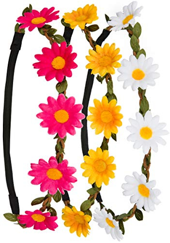 Balinco 3er Set Blumen Haarbänder, Karneval & Festival Kopfschmuck, elastisch & angenehm zu tragen – weiße, gelbe, rosa Blümchen, Hippie Haarschmuck