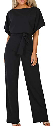 Walant Femmes Combinaison Manches Courtes Col Rond Couleur Unie Barboteuse Jumpsuit D'été Chic Élégant Slim Pantalon Loose Casual Combishort avec Ceinture
