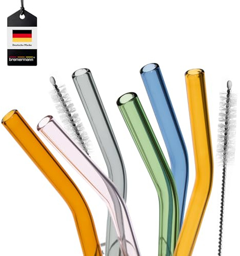 bremermann 6er Set Glas-Trinkhalme, Cocktail-Set, verschiedene Längen, wiederverwendbar, transparent oder bunt, gebogene Form, inklusive 2 Reinigungsbürsten (bunt, 15 cm)