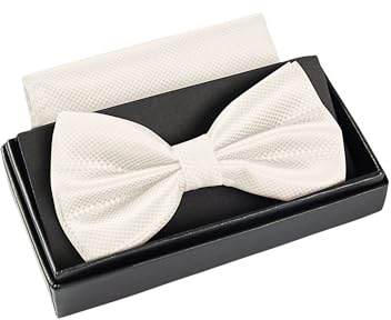 Massi Morino Fliege Weiss mit Einstecktuch für Herren Set - Anzug Herrenfliege zur Hochzeit - Verstellbare Schleife in Weiß
