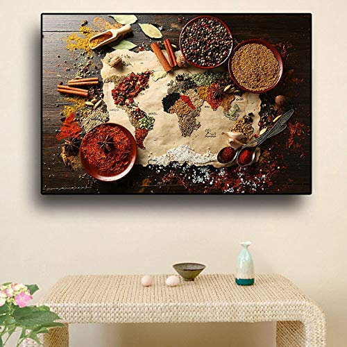 Malerei Wandkunst Körner Gewürze Weltkarte Küche Leinwand Malerei Wandkunst Bilder für Wohnzimmer Home Decor 80x120cm Kein Rahmen