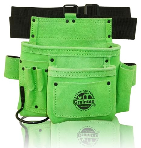 Graintex Werkzeuggürtel/Tasche aus Veloursleder, 5 Taschen, Limettengrün, Mehrzweck-Werkzeuggürtel aus Leder für Damen und Herren, Bau-, Elektriker, Handwerker, Tischler, Gartentasche und DIY-Projekte