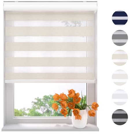 Radeco® Doppelrollo mit Kassette 115 x 175 cm (BxH) leinen, Blickdicht oder Transparent, ohne Bohren möglich, doppelrollo wandmontage, Duo Rollo, doppelrollo 115 cm breit