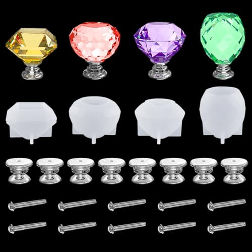 Koonafy 4 st harts lådknoppformar, diamantkristall silikonform, dörrdrag epoxi silikonformer, knopp gjutformar för gör-det-själv smycken nyckelring, köksskåp dörrhandtag