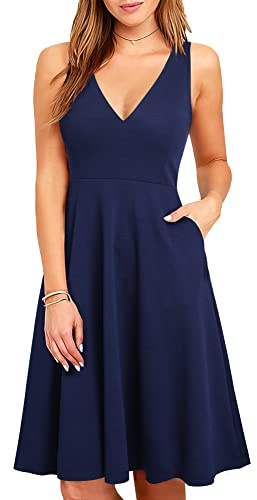 HOMEYEE Damen Elegant V-Ausschnitt Ärmelloses Einfaches Sommer Party Freizeitkleid mit Taschen A293 (L, Marineblau)