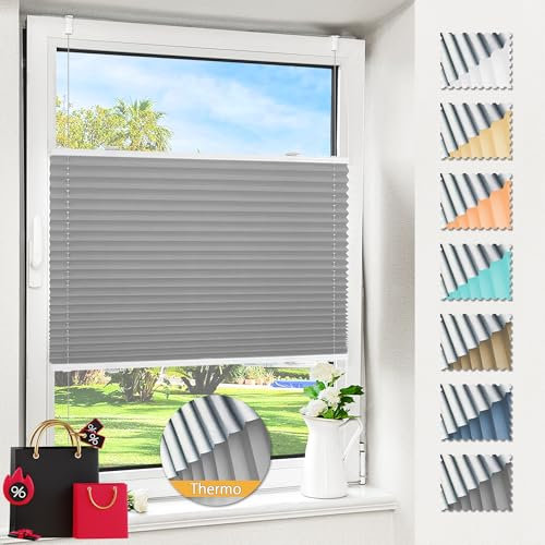 Magiea Plissee ohne Bohren verdunkelung, Thermo Plisseerollo Klemmfix, Hellgrau 70x210cm(BxH), Verdunklungsplissee 100% lichtundurchlässig, Faltrollo für Fenster, Sichtschutz Sonnenschutz