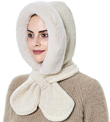 YEKEYI Wintermütze für Frauen Warm Kapuzenschal Mütze Fleece Beanie Mützen Schal Maske Winter Sturmhaube Pullover Strickmütze Skimütze, beige, 7 1/8
