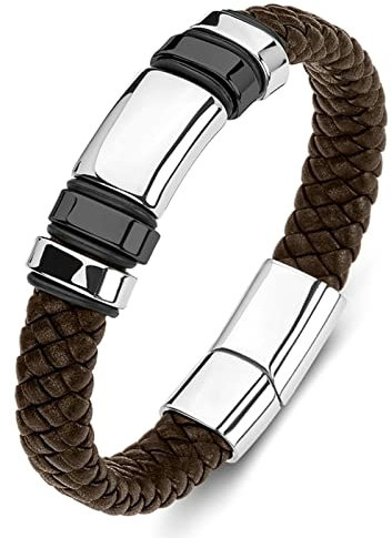 Ayoiow Männer Armband Indianer, Männer Armband Edelstahl Leder Armband Wikinger Braun Geflochten Armband