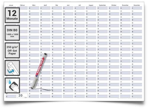 Dauerkalender Urlaubsplaner Englisch DIN B0 XXL 140x100 cm, Projektplaner Jahresplaner & Geburtstagskalender, abwischbar wiederverwendbar, Wandplaner groß fürs Büro & Familie, inkl. Marker – Gigatime