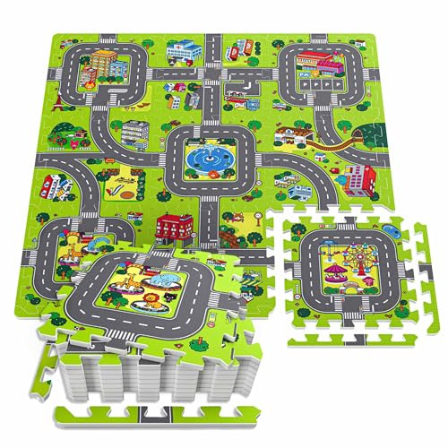 Hop-Sport Puzzlematte Kinder Baby - Spielmatte Stadt & Straßen, 9 -Teile 90,5 x 90,5 x 1 cm, Puzzleteppich, rutschfeste Bodenmatte, Schaumstoff, Krabelmatte, zertifizierter Autoteppich