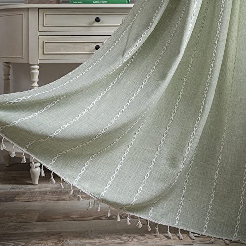 HIRHOEH Gardinen Boho Unifarben Gestreift Durchscheinende mit Quasten Vorhänge, Baumwolle Leinen Bestickete Landhausstil Vorhang für Küche Wohnzimmer,1 Stück (Grün,132x214cm (BxH))