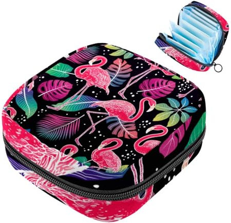 Pink Flamingo Dschungel Palmblatt Damenbinden Aufbewahrungstasche Große Menstruationstasse Beutel mit Reißverschluss Periode Pads Tasche Aufbewahrung Slipeinlagen Tampons für Mädchen Frauen