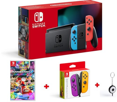 Nintendo_Switch Rouge/Bleu Néon 32Go [nouveau modèle] + mario karts 8 deluxes switch + 2ème Paire Joy-Cons (L)/(R) -Neon Purple/Neon Orange + Flash LED Offert