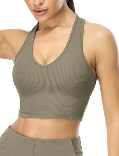 icyzone Dam V-ringad långärmad sport-BH racerback ribbad fitness yoga crop tanktopp med inbyggd bh, nomadgrå, L