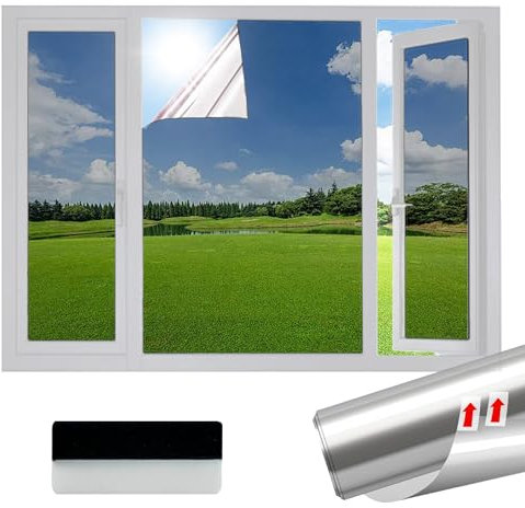 SAMHEITO Sonnenschutzfolie Fenster Innen 30x200cm Fensterfolie Selbstklebend Spiegelfolie Fenster Blickdicht von außen Hitzeschutzfolie Sichtschutzfolie Fenster Wärmeschutzfolie UV Schutzfolie Silber