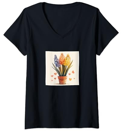 Womens Hyacinth Plant In Pot Cottagecore Hearts Graphic V-Neck T-Shirt