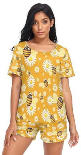 HMZXZ Damen Schlafanzug-Set Karikatur Bienens Kammern Sommer Pyjama Woman Set,Bienens Loungewear und Shorts Lounge Set Sleepwear Nachtwäsche